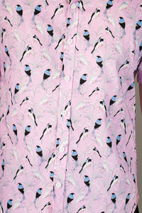 Pink Birds Print Cotton Slim Fit Mens Shirt Short Sleeve