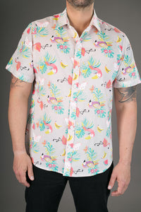 Pink Flamingo Toucan Print Cotton Slim and Regular Fit Mens Shirt Short Sleeve
