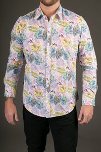 Pink Floral Print Cotton Slim Fit Mens Shirt Long Sleeve