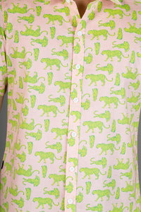 Pink Yellow Leopard Print Cotton Slim Fit Mens Shirt Short Sleeve