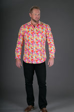 Pink Yellow Floral Print Heavy Cotton Slim Fit Mens Shirt Long Sleeve