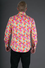 Pink Yellow Floral Print Heavy Cotton Slim Fit Mens Shirt Long Sleeve
