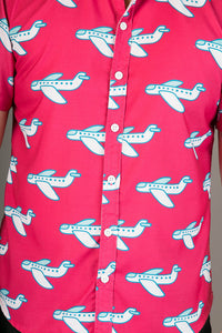 Pink White Aeroplane Print Cotton Slim Fit Mens Shirt Short Sleeve