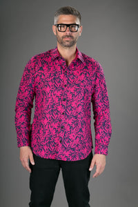 Pink Floral Print Cotton Slim-Fit Long-Sleeve Mens Shirt