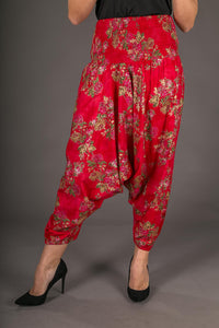 Red Floral Print Cotton Harem Yoga Jumpsuit Pants