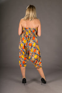 Orange Yellow Squares Print Cotton Harem Yoga Jumpsuit Pants