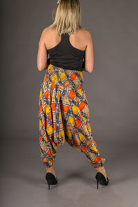 Orange Yellow Squares Print Cotton Harem Yoga Jumpsuit Pants