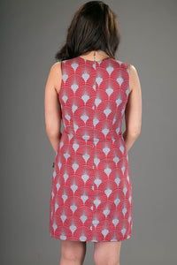 Classic Sheath Cotton Dress Red Grey Geometric Print