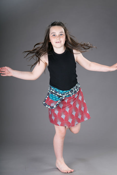 Childrens Reversible Cotton Skirt Red Grey Blue