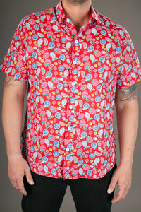 Fruits on Red Print Cotton Slim Fit Mens Shirt Short Sleeve