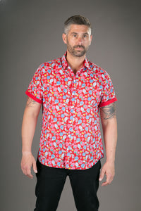 Fruits on Red Print Cotton Slim Fit Mens Shirt Short Sleeve