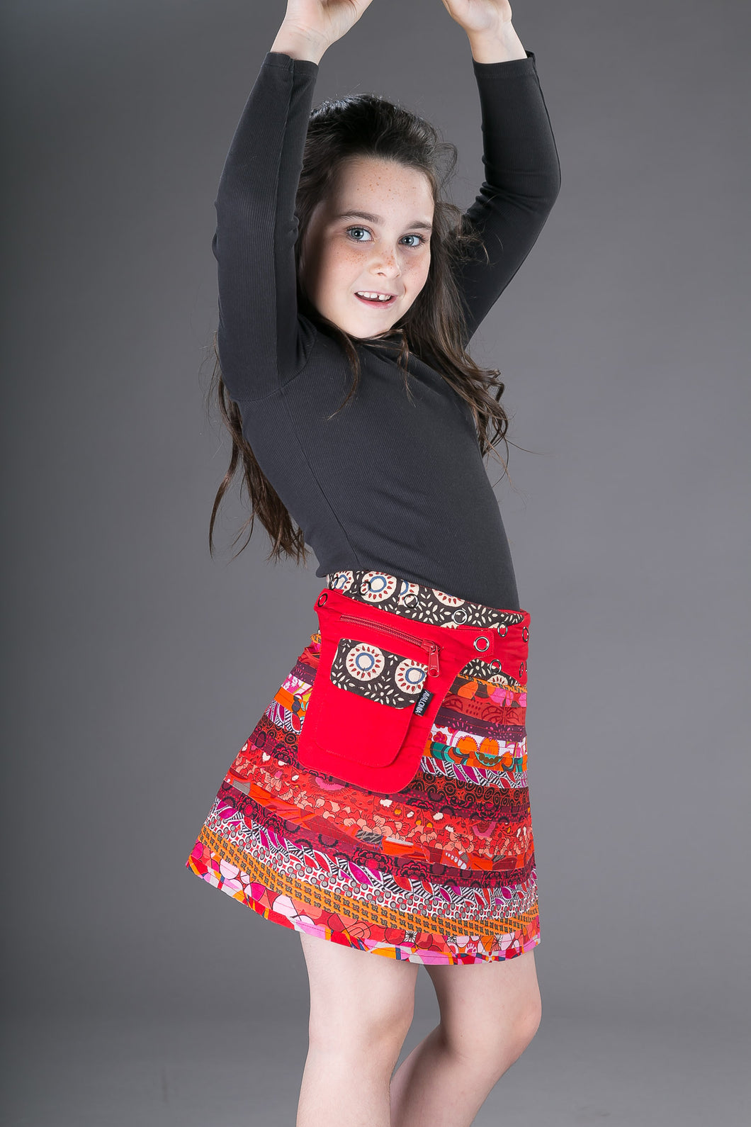 Childrens Reversible Cotton Skirt Red Brown
