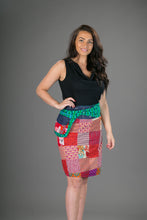 Reversible Cotton Denim Skirt Red Patch Green Print with Pocket