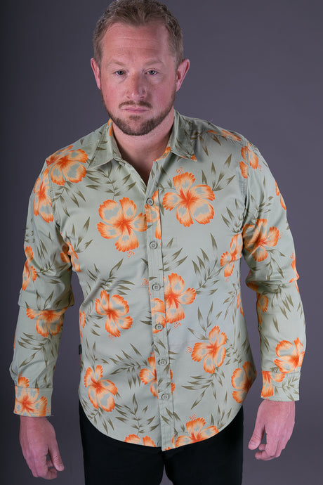 Green Orange Floral Aloha Print Cotton Slim and Regular Fit Mens Shirt Long Sleeve