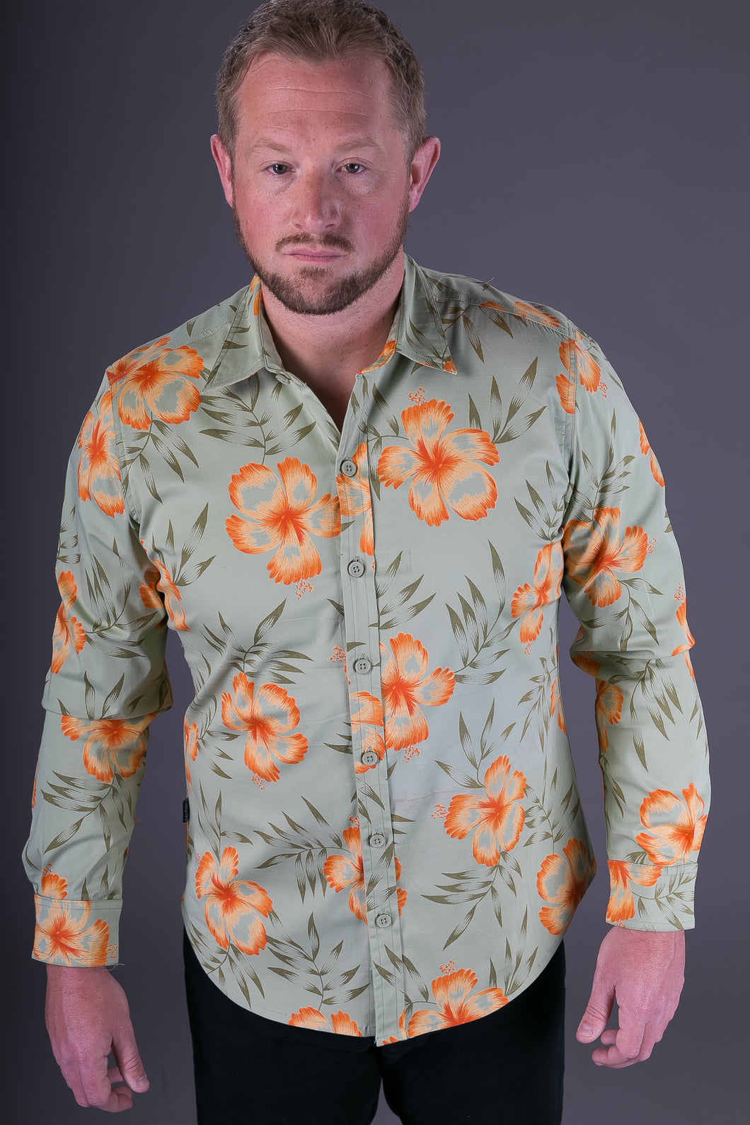 Green Orange Floral Aloha Print Cotton Slim and Regular Fit Mens Shirt Long Sleeve