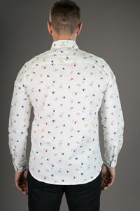 Cotton Bird Print White Slim-Fit Mens Long Sleeve Shirt