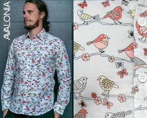 Birds Floral Print Cotton Slim Fit Mens Shirt Long Sleeve