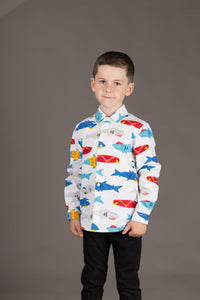 Boys Cotton Shark White Print Long Sleeve Shirt