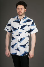Blue Whale White Print Cotton Slim Fit Mens Shirt Short Sleeve