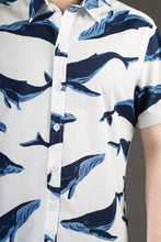Blue Whale White Print Cotton Slim Fit Mens Shirt Short Sleeve