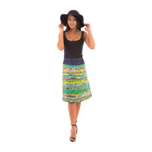 Reversible Cotton Skirt Green Patch with Green Blue Print and Denim Belt - Avalonia