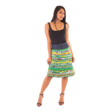 Reversible Cotton Skirt Green Patch with Green Blue Print and Denim Belt - Avalonia