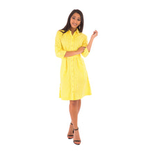 Yellow Shirt Dress Cotton Stripe Print Mid Waist Tie Adjustable Sleeves Pockets Price - Avalonia, Avalonia - Avalonia